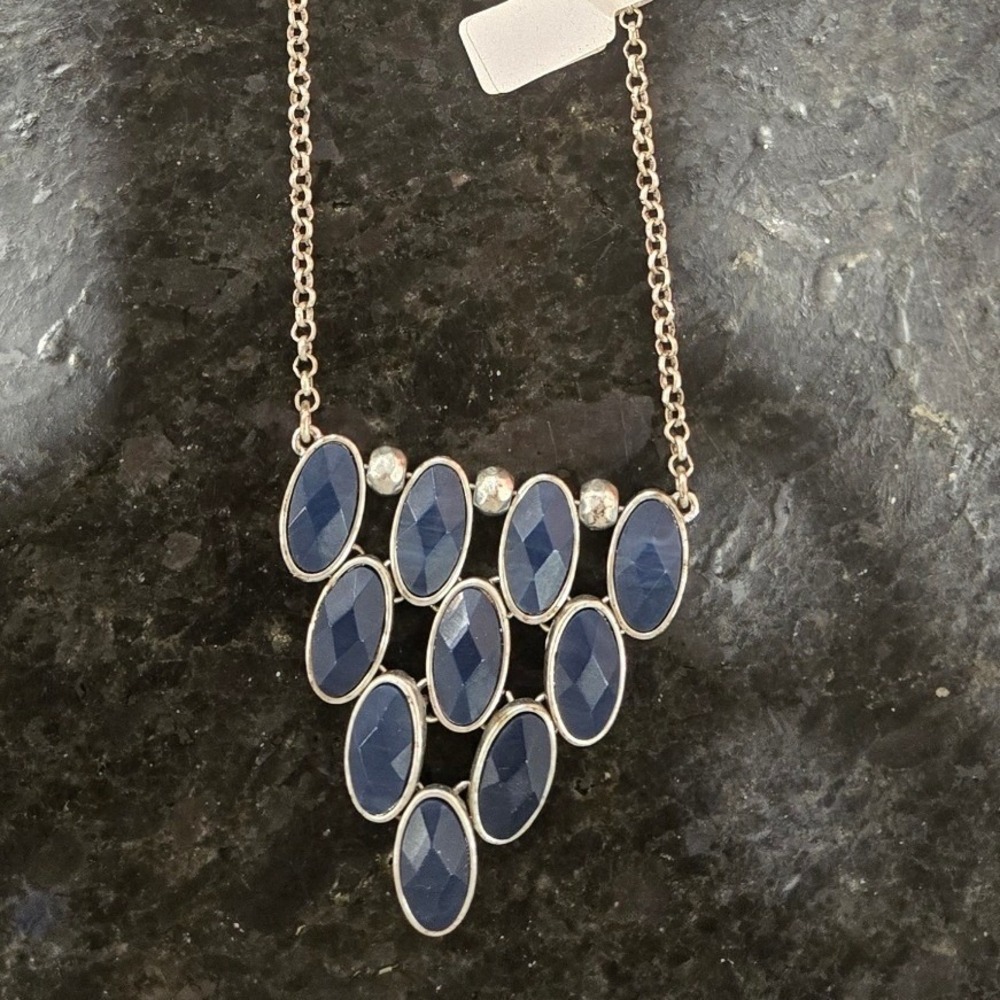 Silver Tone Navy Blue Faceted Stone Geometric Bib Statement Necklace